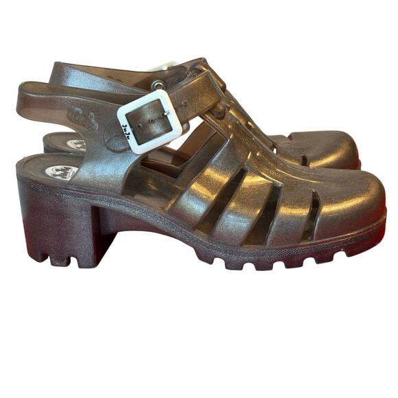 JuJu Babe Jelly Shoes Glitter Strappy Sandals Womens 7 Gray 90s Chunky Heels - Picture 1 of 10